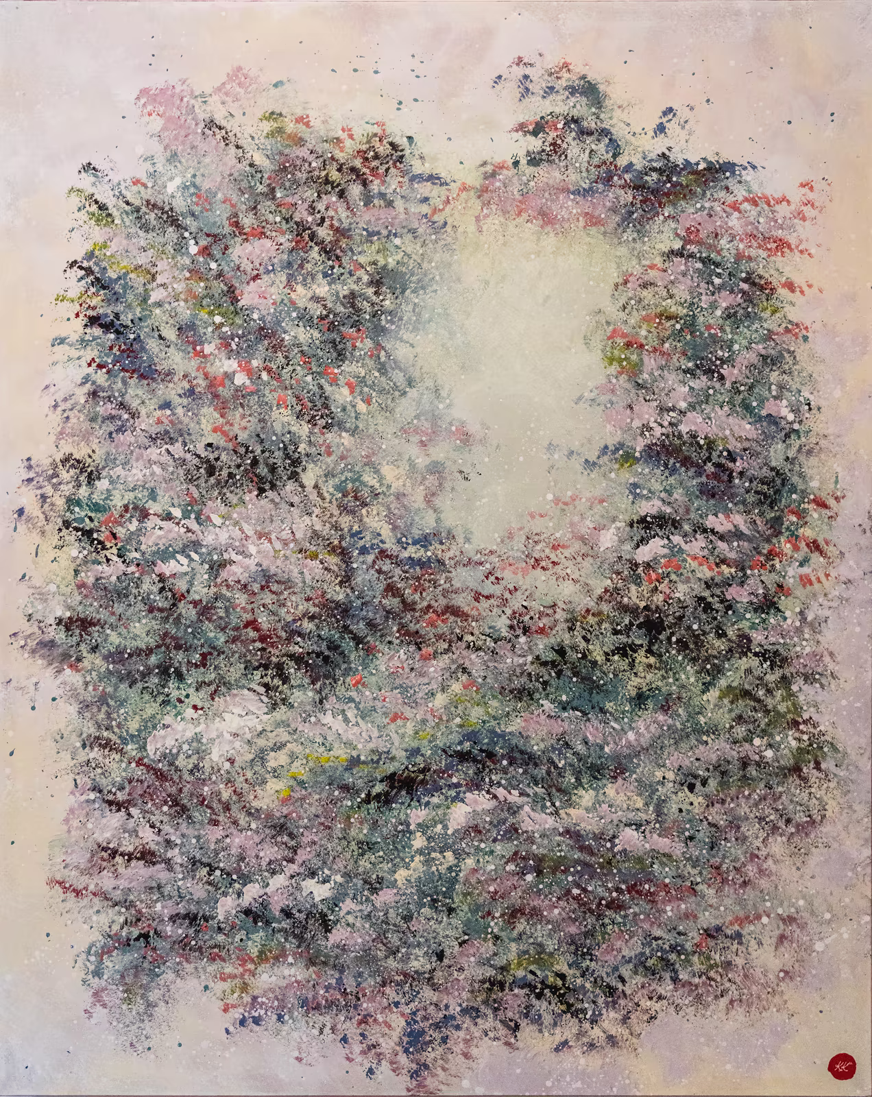 Nature's Nebula, an abstract acrylic painting in pale pink, green, blue, and coral